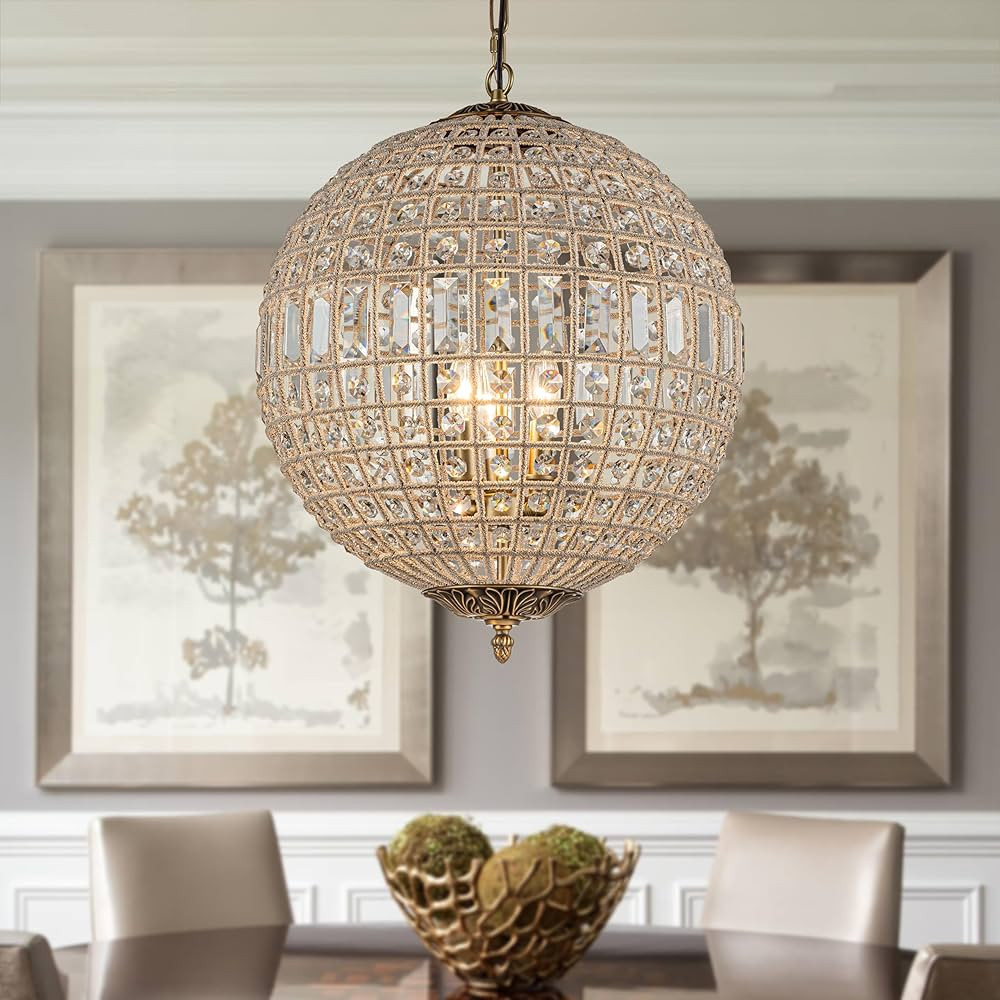 3-Light 18'' Vintage French Handcrafted Antique Gold Globe Crystal Chandelier Ornate Sphere Penda... | Amazon (US)