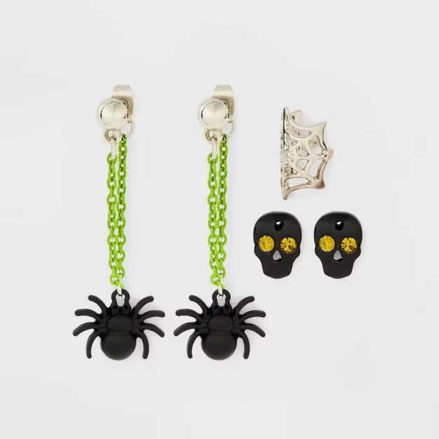 Halloween Spider Web Ear Cuff Skull and Spider Earring Set 3pc - Green | Target