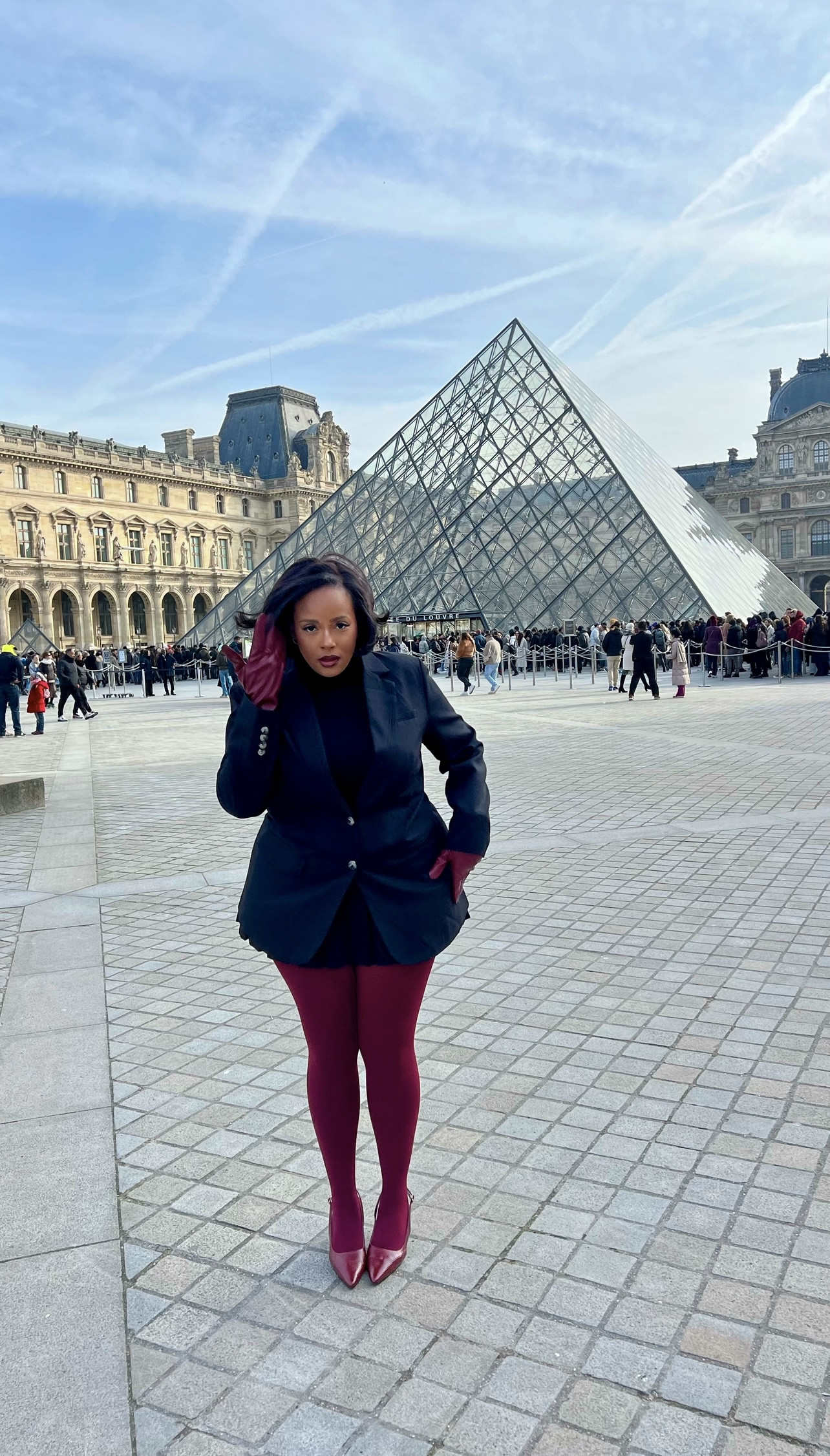 Travel outfit to the Louvre ❤️ wearing a very warm fleece turtleneck with fleece lined tights and wearing burgundy tights over top 

Loved the feminine details with the gloves ✨ #curvy #plussize 

#LTKPlusSize #LTKdayinmylife #LTKStyleTip