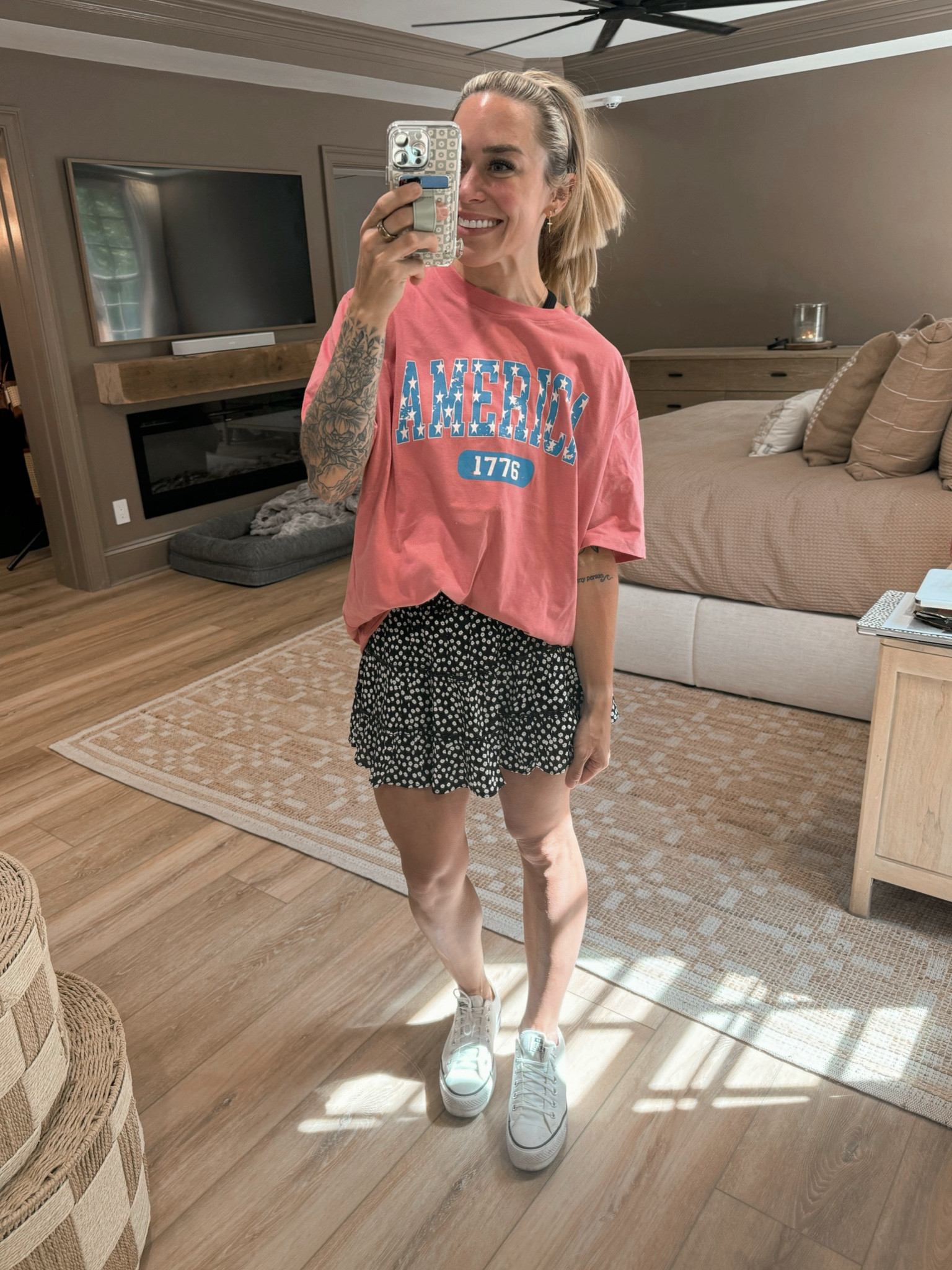 America tee & the best floral SKORT — in the S skort & L tee for an oversized fit! Today is PINK LILY SALE DAY🌿✨🤍 take an extra 30% off w/ my code HOLLEY30🫶🏼 so many cutie finds for summer!! 

Cute outfit / date night / wedges / ootd / outfit inspo / Holley Gabrielle 

#LTKStyleTip #LTKFindsUnder50 #LTKSaleAlert