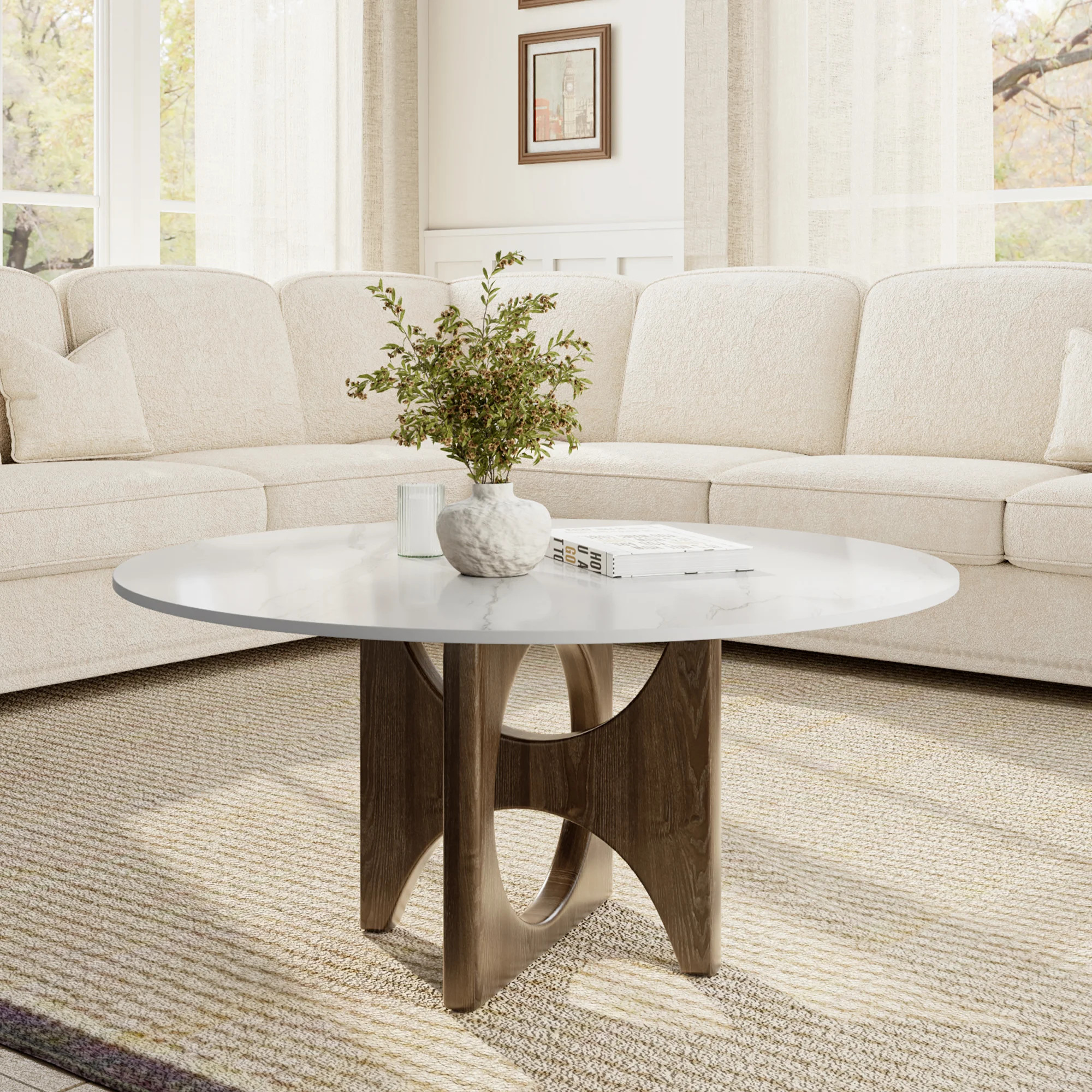 Arbor 35" Wabi-Sabi Modern Round Coffee Table with Hollow Arch Solid Wood Base for Apartment & Li... | Wayfair North America