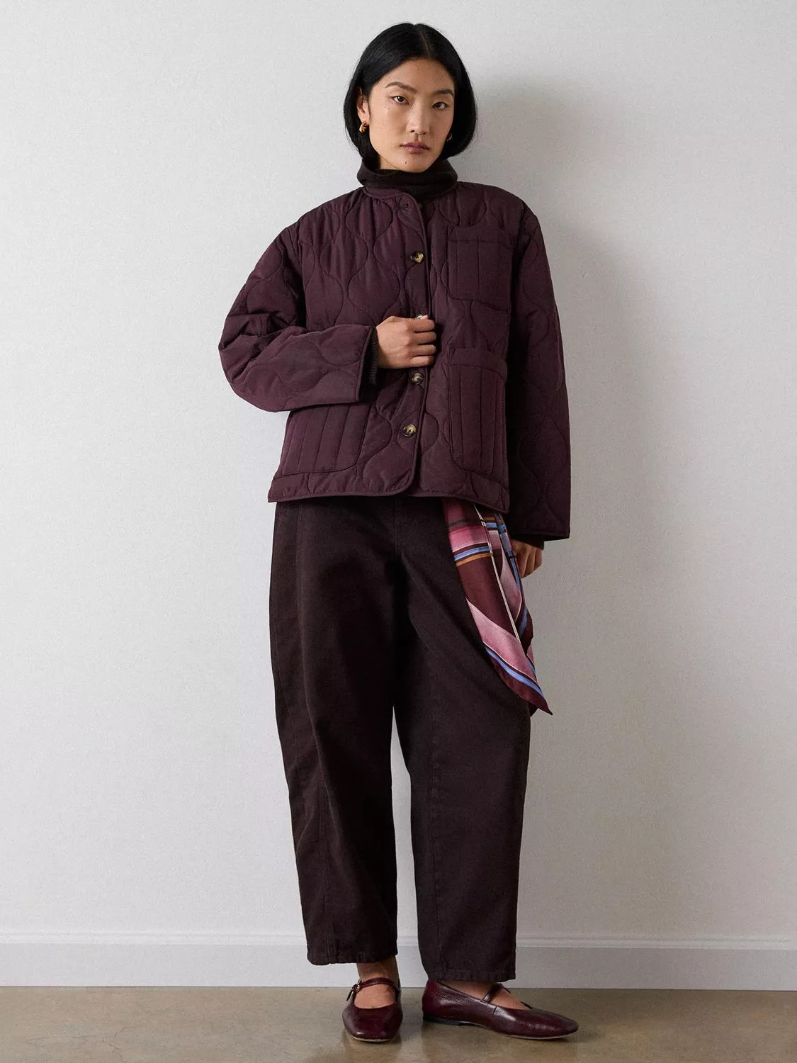 Whistles Button Through Onion Quilted Coat, Burgundy | John Lewis (UK)