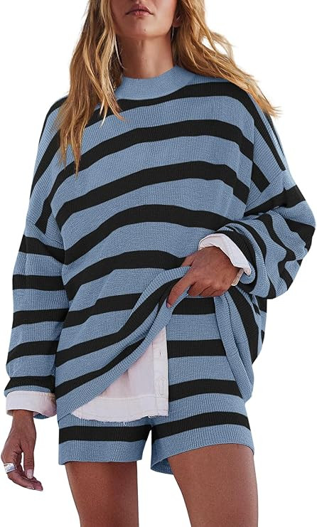 LAMISSCHE Womens Oversized Lounge Sets 2 Piece Outfits Striped Matching Pajama Set Long Sleeve Sw... | Amazon (US)