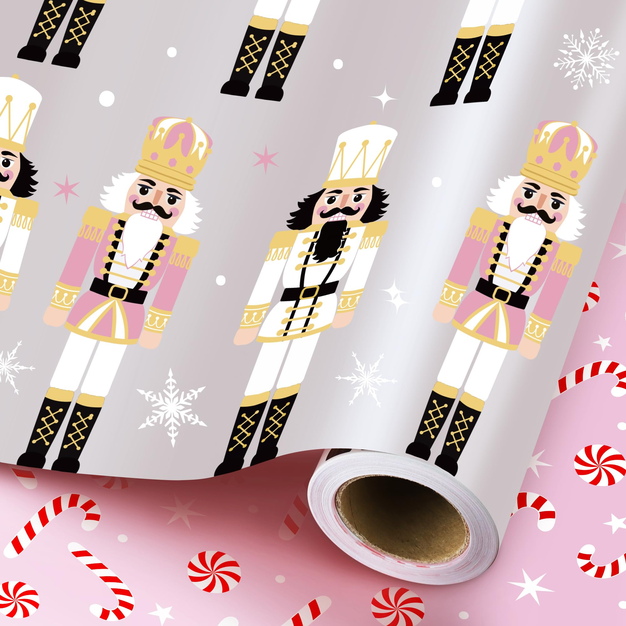 Christmas Wrapping Paper Roll, Jumbo Reversible Nutcracker and Pink Candy Cane Gift Wrap Paper, 1... | Amazon (US)