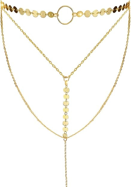 Suyi Stylish Layered Sequins Choker Necklace with Thin Long Chian Pendant for Women Lady | Amazon (US)
