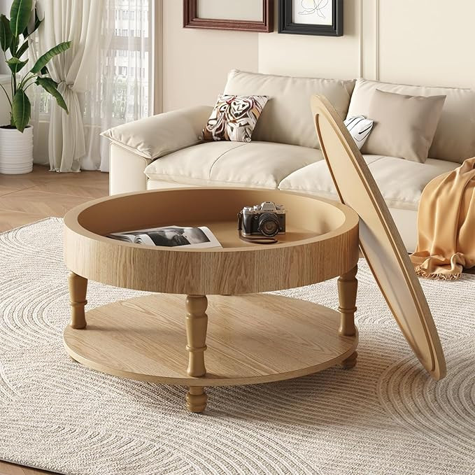 Round Flip-Top Lids Coffee Table with Spacious Hidden Storage, Mid Century Farmhouse Small Side T... | Amazon (US)