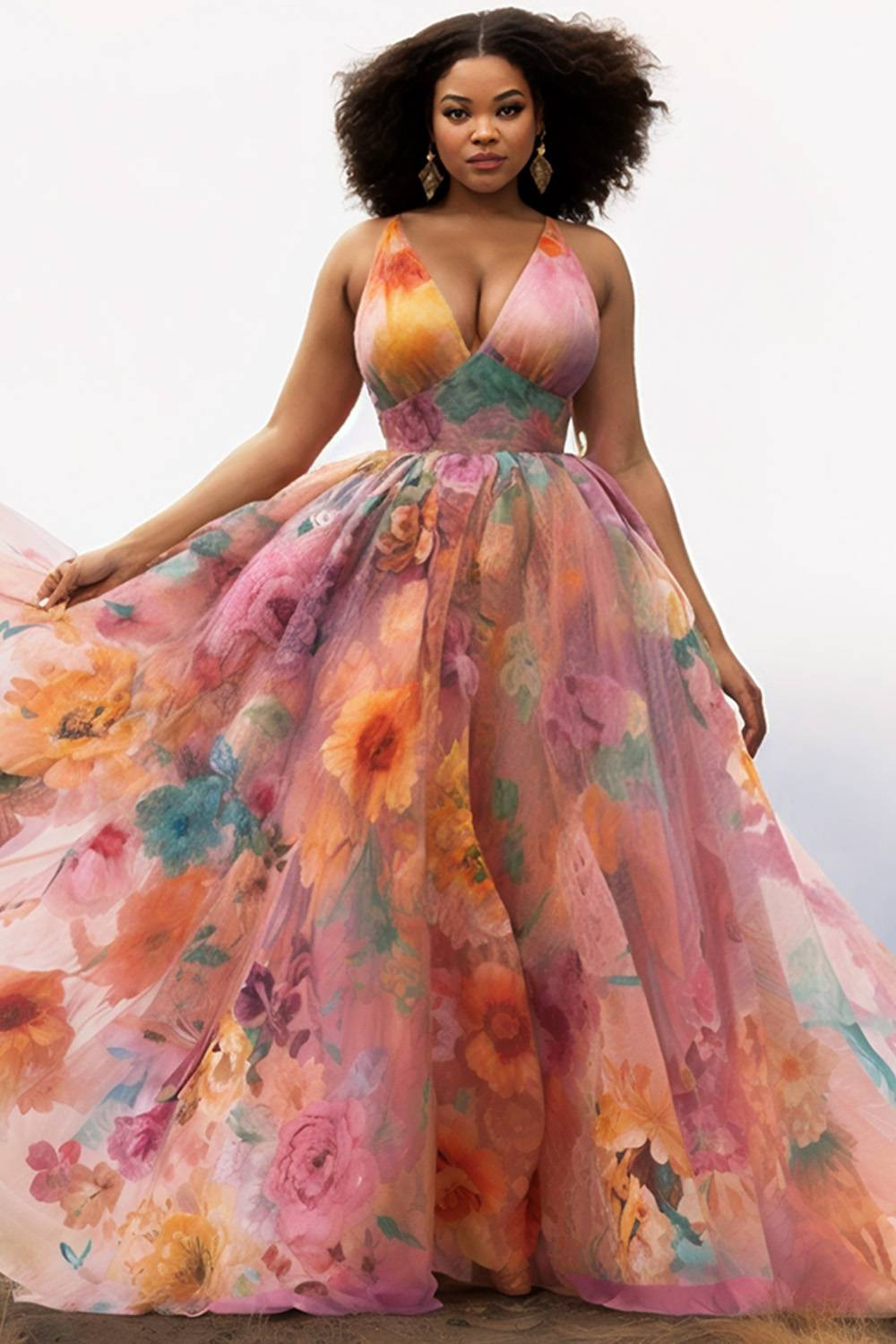 Xpluswear Design Plus Size Wedding Guest Pink Floral V Neck Sundress Tulle Maxi Dresses | Xpluswear