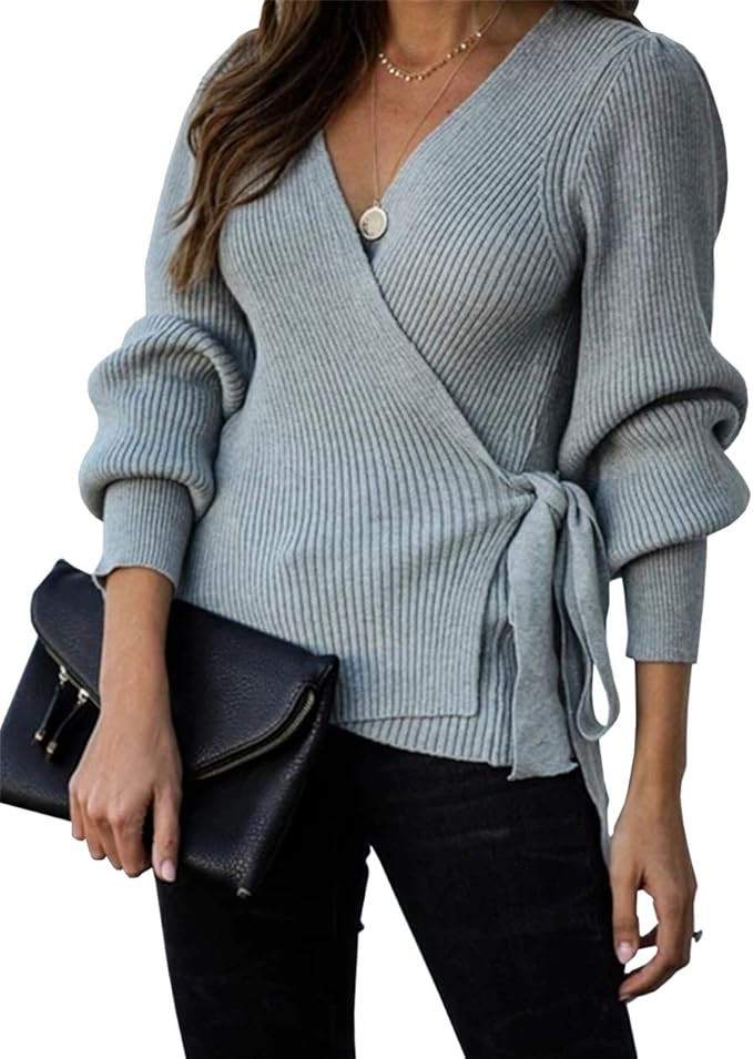 KIRUNDO Women’s 2021 Fall Winter Sexy V Neck Oversized Sweater Balloon Sleeve Ribbed Wrap Chunk... | Amazon (US)