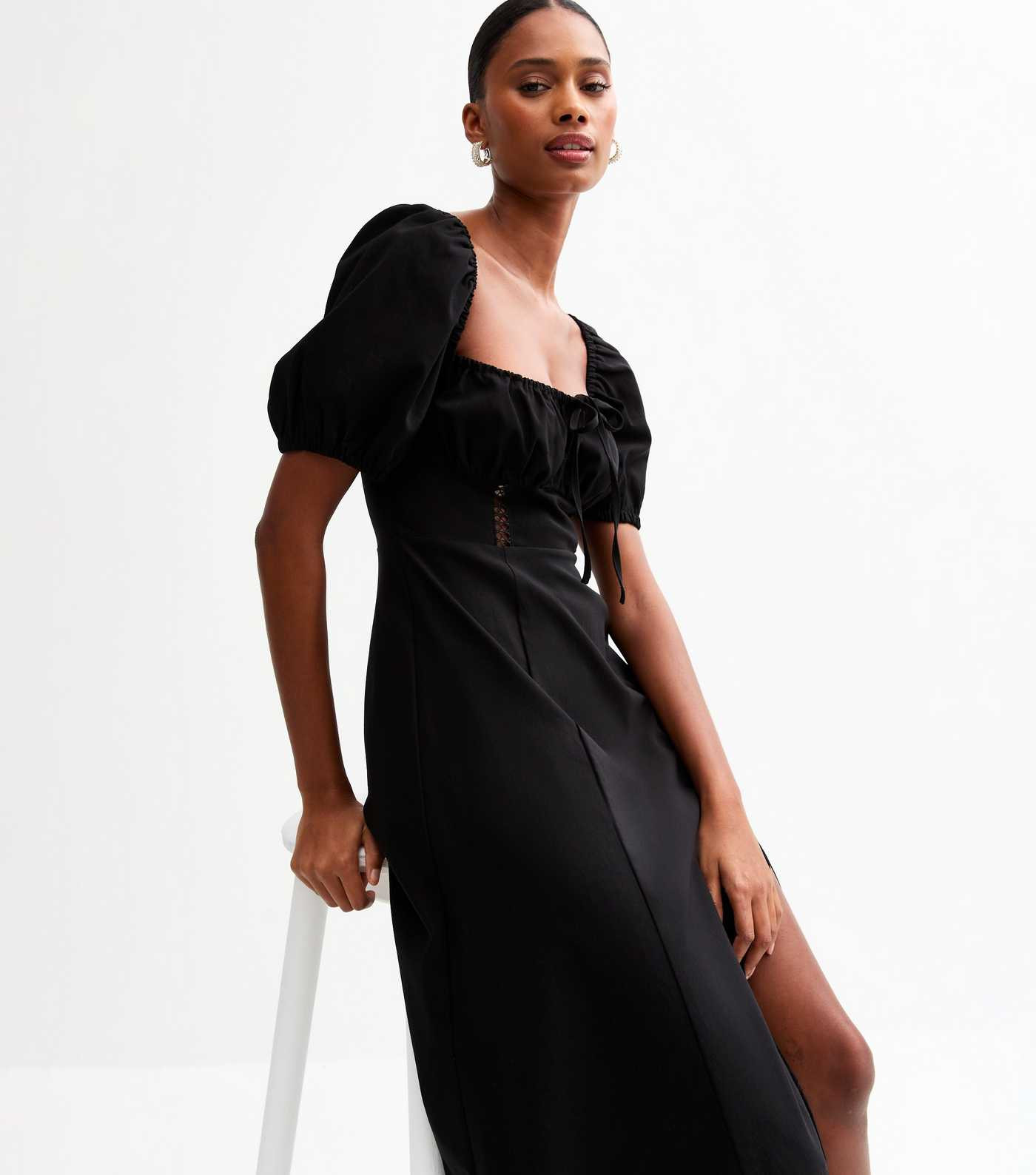 Black Puff Sleeve Slit Hem Milkmaid Midi Dress | New Look | New Look (UK)