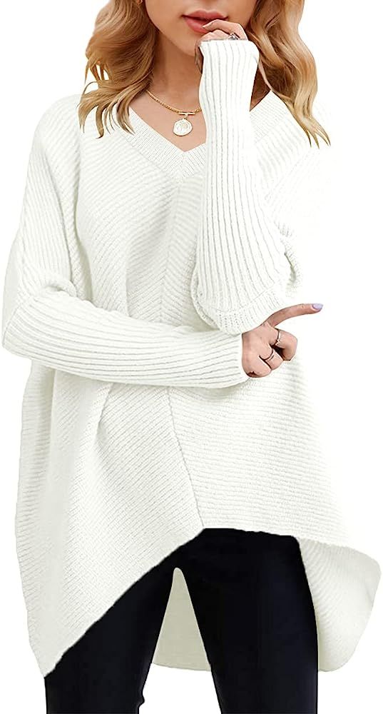 ANRABESS Womens V Neck Oversized Long Batwing Sleeve Asymmetric Hem Casual Pullover Sweater Knit ... | Amazon (US)