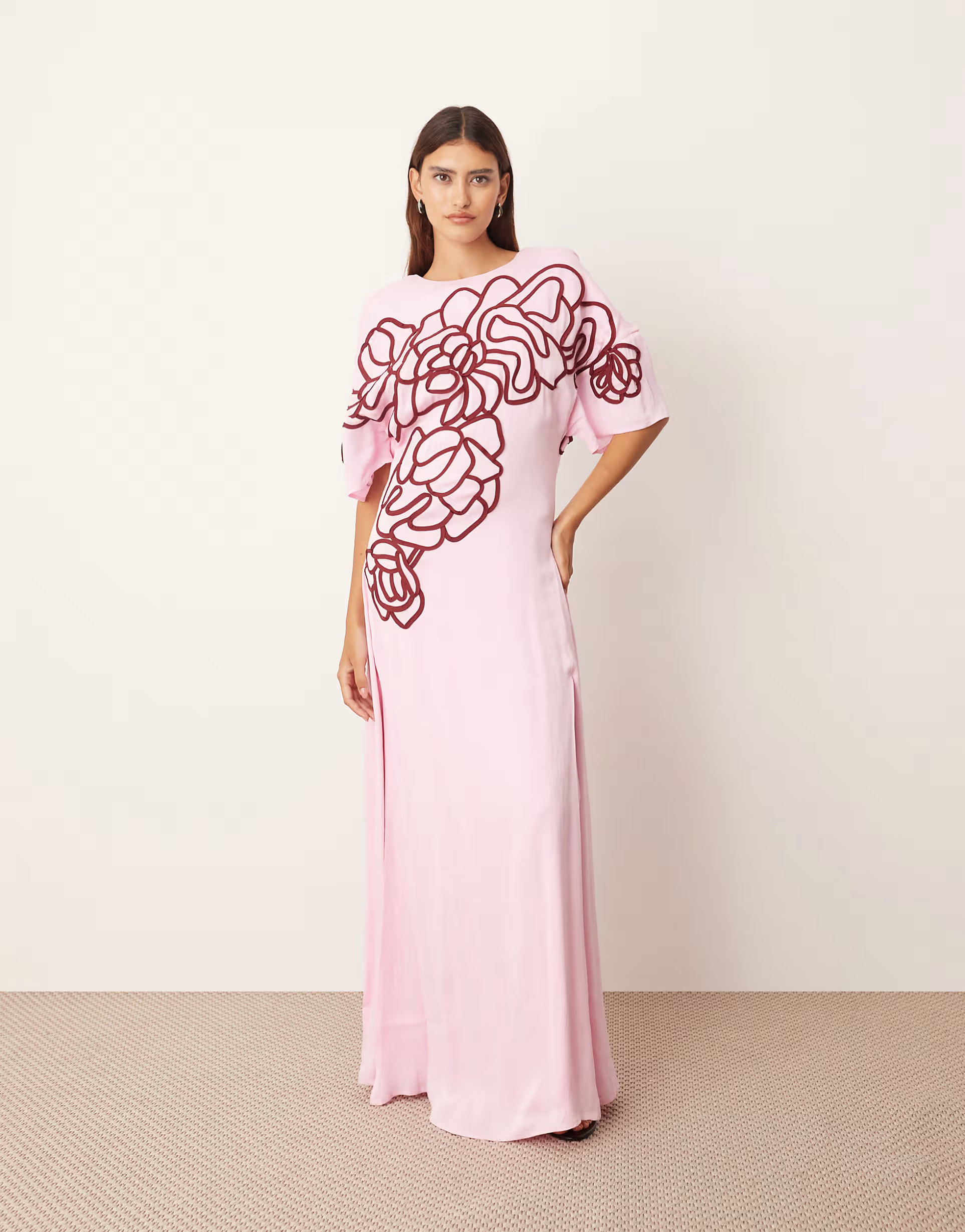 ARRANGE linear floral embroidered low back modern maxi tea dress in pink and red | ASOS (Global)