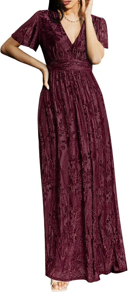 Simplee Women’s V Neck Velvet Maxi Dress Short Sleeve Empire Waist Long Formal Dress for Weddin... | Amazon (US)