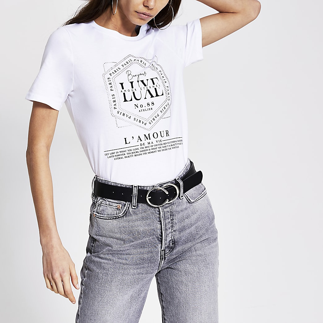 White slogan printed diamante T-shirt | River Island (UK & IE)