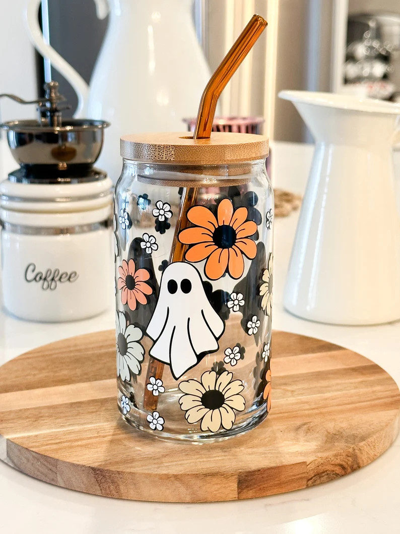 Daisy Ghost Iced Coffee Glass 16 Oz Glass Can Fall Tumbler - Etsy | Etsy (US)