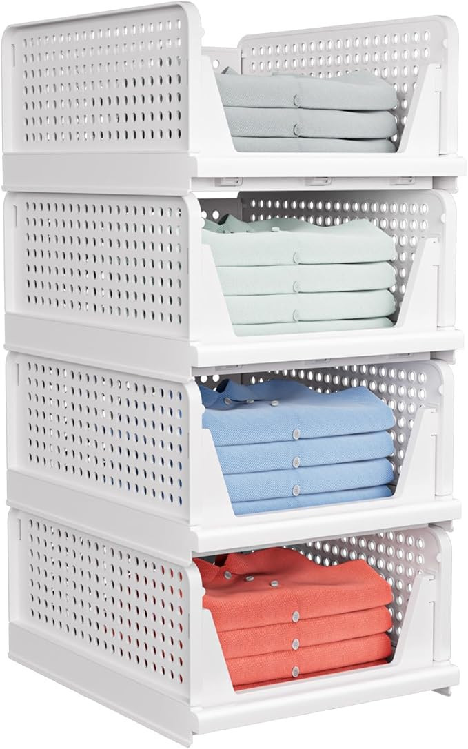 4 Pack Stackable Closet Storage Basket - Stackable Storage Bins, Multifunctional & Foldable Close... | Amazon (US)