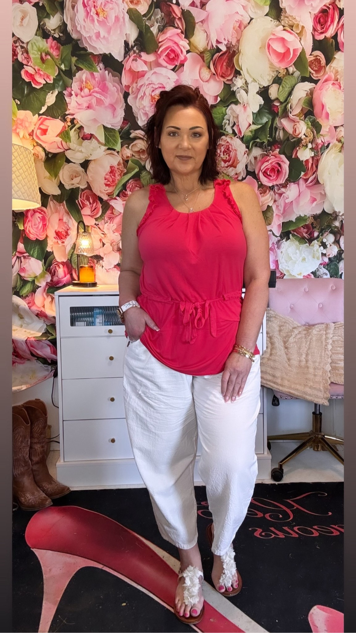 Easy, breezy, and put together 🤍
This is one of those outfits that just works—lightweight, comfy, and flattering without trying too hard.

Flowy tank + white pants = my go-to when I want to feel cute but stay comfortable all day 🙌🏼
And these sandals with my favorite gold jewelry… The perfect little feminine touch.

Everything is linked ✨

#LTKootd #LTKOver40 #LTKSeasonal