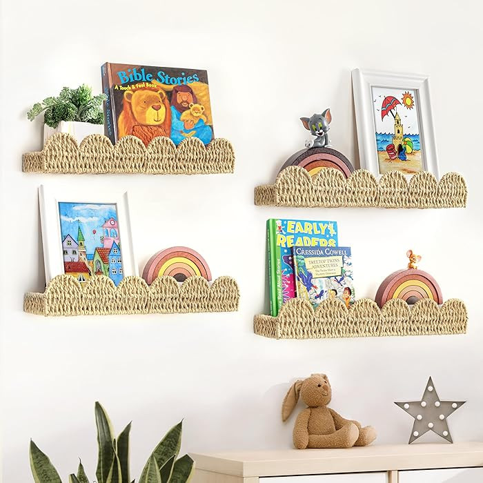 Scalloped Nursery Bookshelf, Set of 4, Picture Ledge Shelf for Wall Decor, Woven Straw Paper Floa... | Amazon (US)