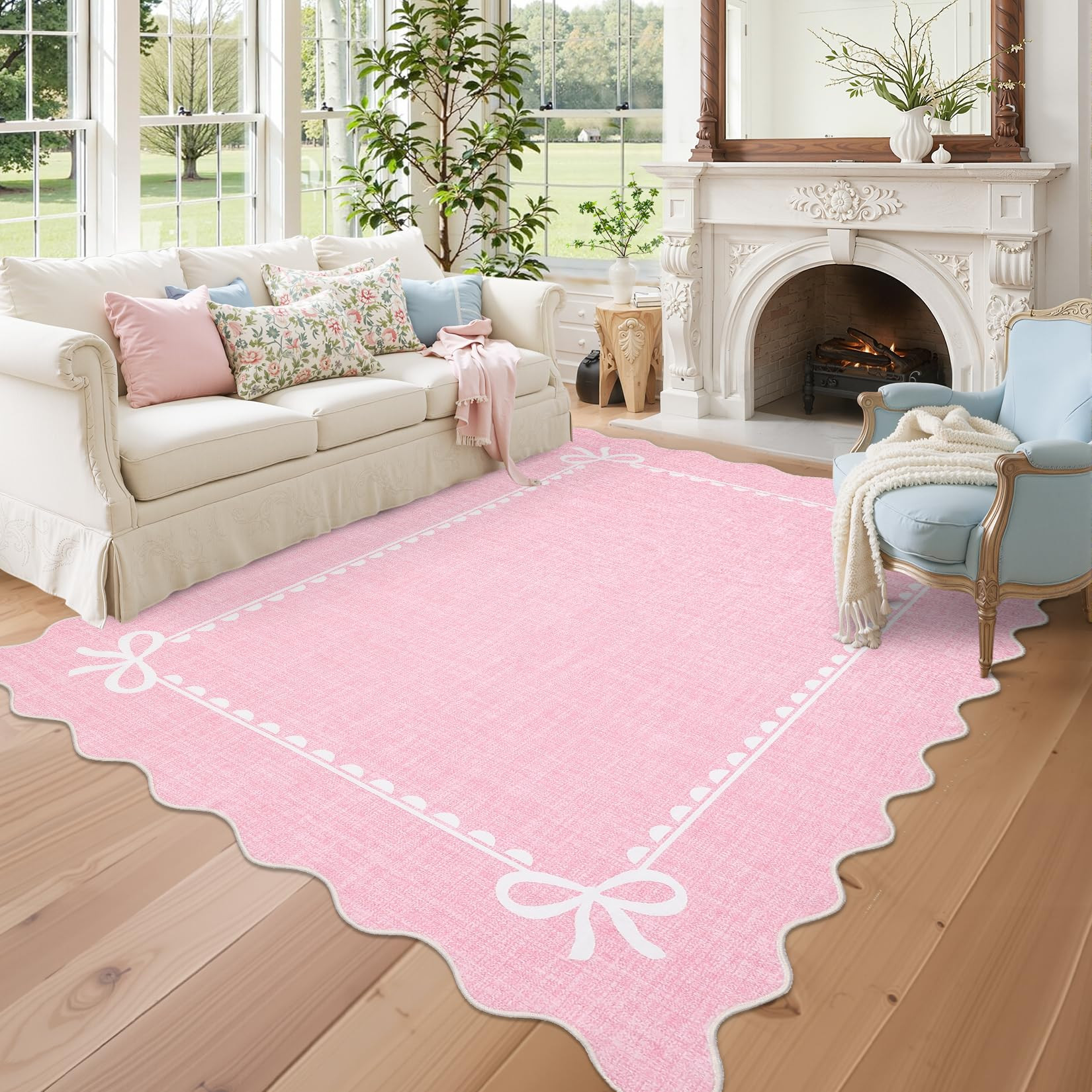 GarveeHome Scalloped Bow Rug for Living Room, Solid Pink Rug for Dorm, Washable Rugs 5x7 Soft Low... | Amazon (US)