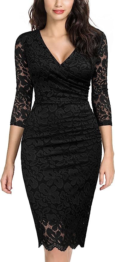 Miusol Women's Retro Deep-V Neck Ruffles Floral Lace Evening Pencil Dress | Amazon (US)