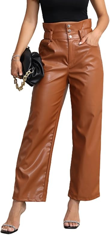 SySea Women's High Waist Faux Leather Pants Button Waisted Casual Straight Wide Leg Trousers | Amazon (US)