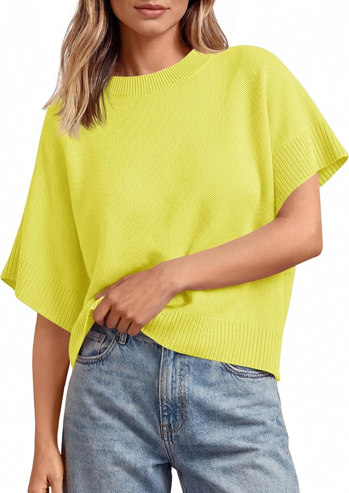 Saodimallsu Womens Short Sleeve Sweaters Crew Neck Lightweight Casual Loose Fit Summer Knit Pullo... | Amazon (US)