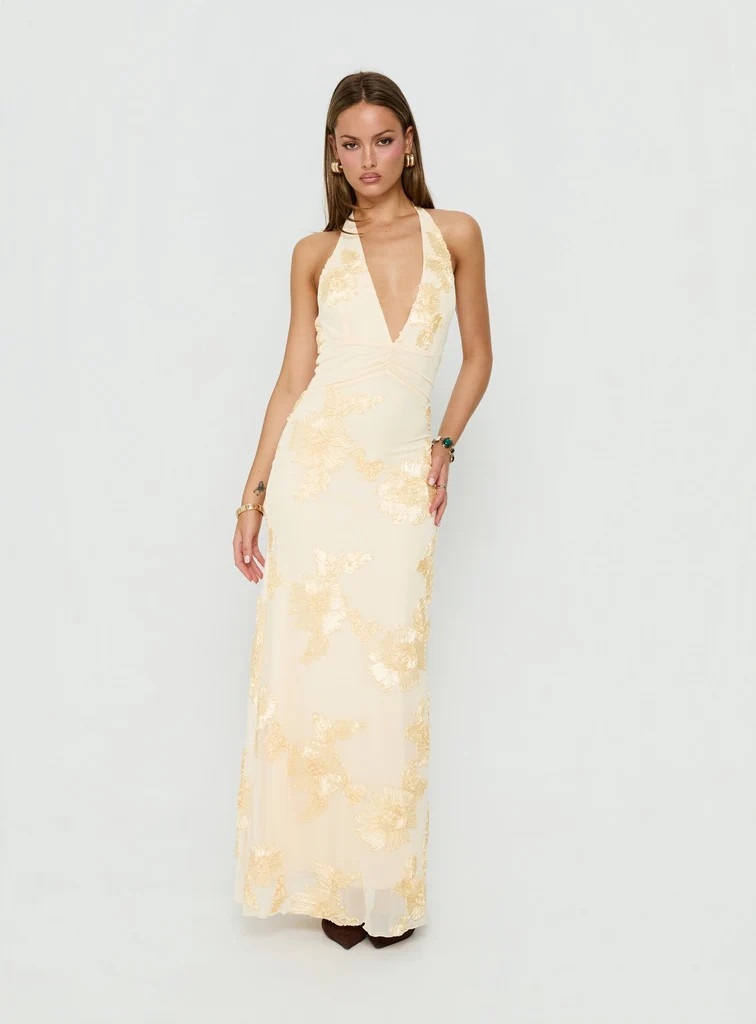 Rousseau Halter Maxi Dress Yellow | Princess Polly US
