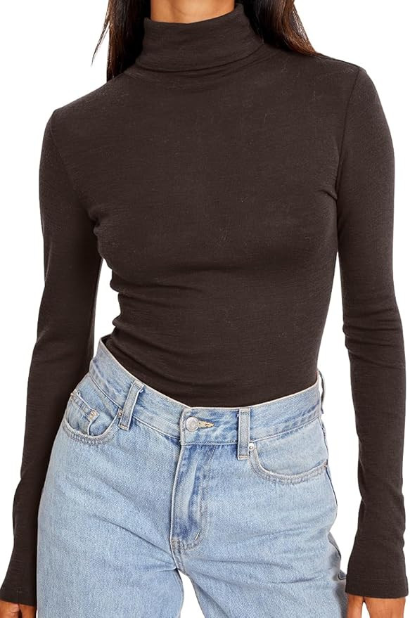 Trendy Queen Women's Turtleneck Long Sleeve Shirts Fall Fashion Basic Thermal Underwear Tops Wint... | Amazon (US)