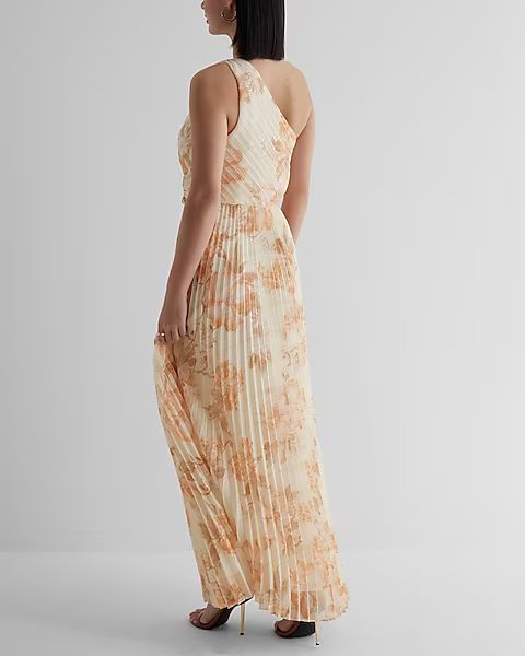 Metallic Floral One Shoulder Twist Front Pleated Maxi Dress | Express