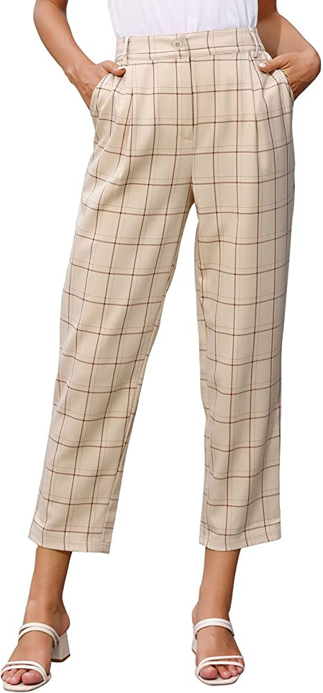 GRACE KARIN Women's Casual Work Pants with Pockets Elastic Waist Plaid Pants | Amazon (US)