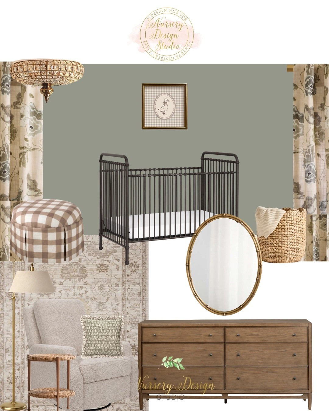 Shop every detail from this warm neutral nursery, featuring a vintage-inspired crib, rich walnut dresser, soft sage walls, floral drapery, and beautifully layered natural textures.

#LTKBaby #LTKBump #LTKKids