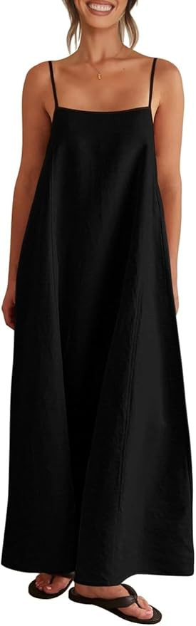 Lisskolo Women Spaghetti Strap Maxi Dress Solid Color Linen Sleeveless A Line Contrast Swing Beac... | Amazon (US)