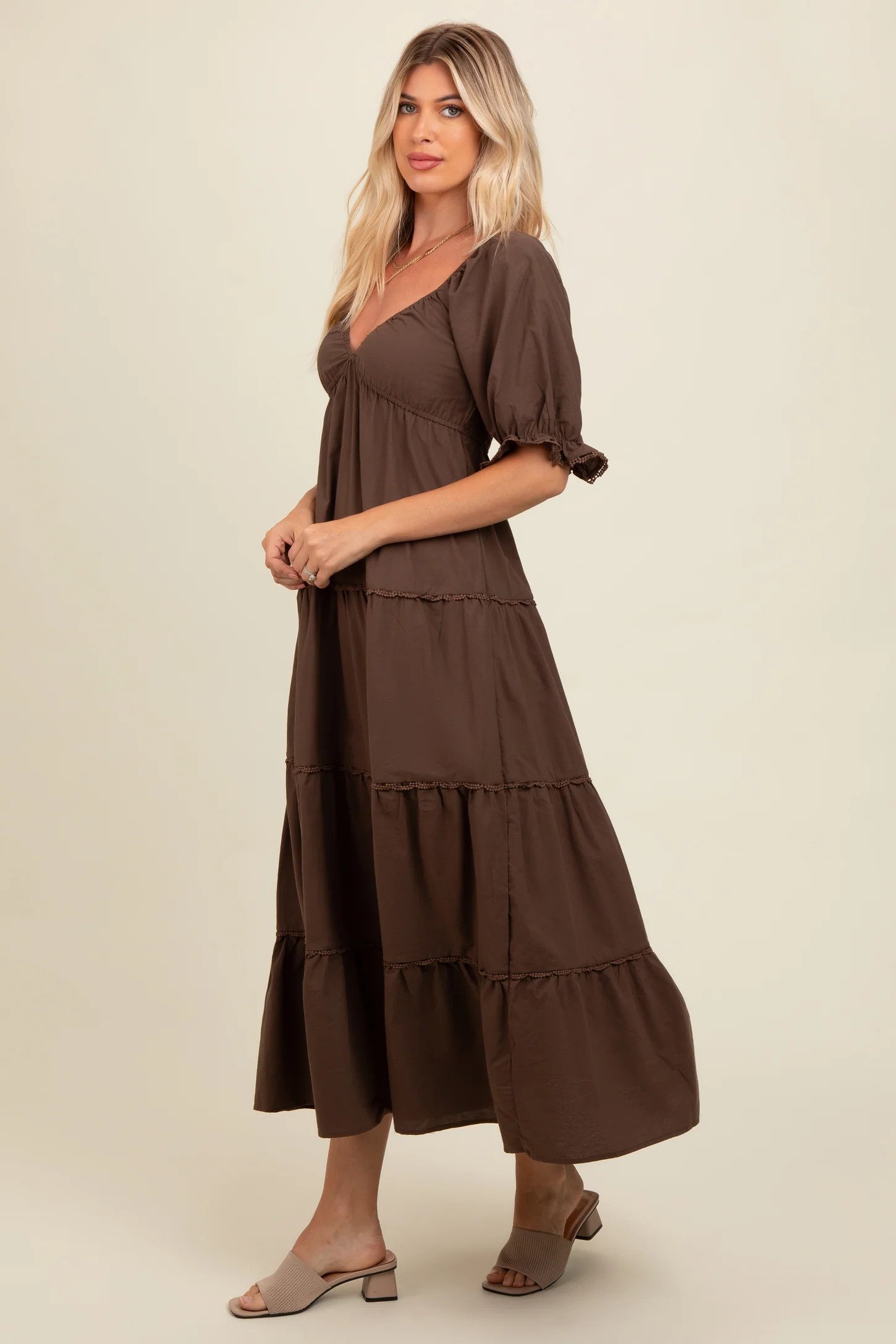 Brown Deep V-Neck Tiered Maxi Dress | PinkBlush Maternity