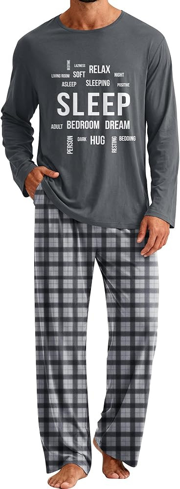 Mens Pajamas Set Soft Pjs Long Sleeve Sleep Set Lightweight Sleepwear 2-Piece Plaid Lounge Set wi... | Amazon (US)