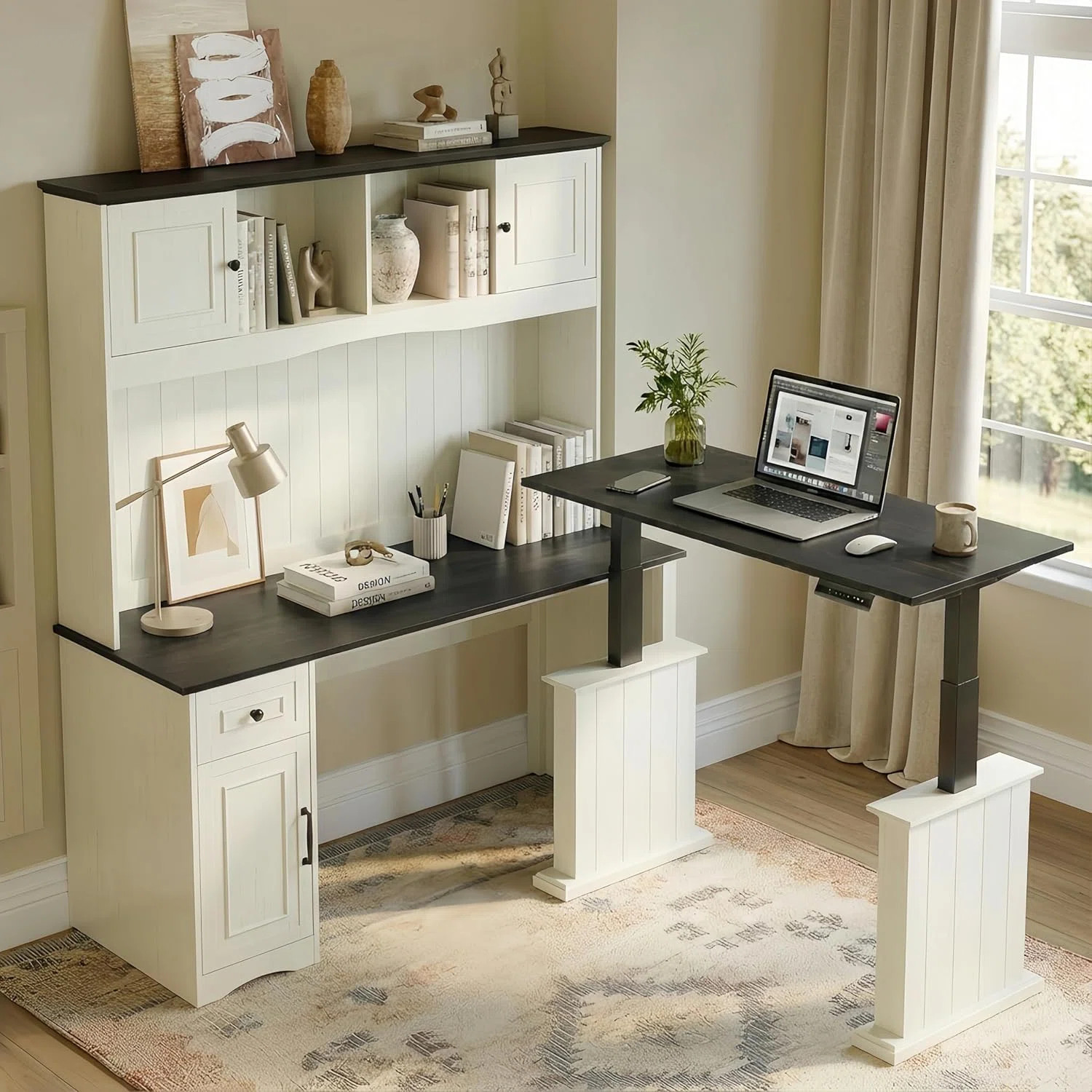 L-Shaped Electric Standing Desk with Hutch & Storage Cabinet, 60" Reversible Executive Home Offic... | Wayfair North America