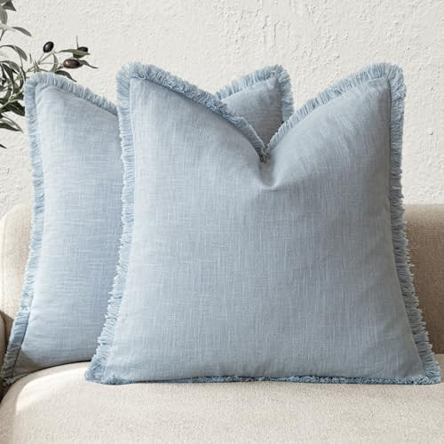 Foindtower Set of 2 Decorative Linen Fringe Throw Pillow Covers Cozy Boho Farmhouse Cushion Cover with Tassels Soft Accent Pillowcase for Couch Sofa Bed Living Room Home Decor,26×26 Inch,Sky Blue | Amazon (US)