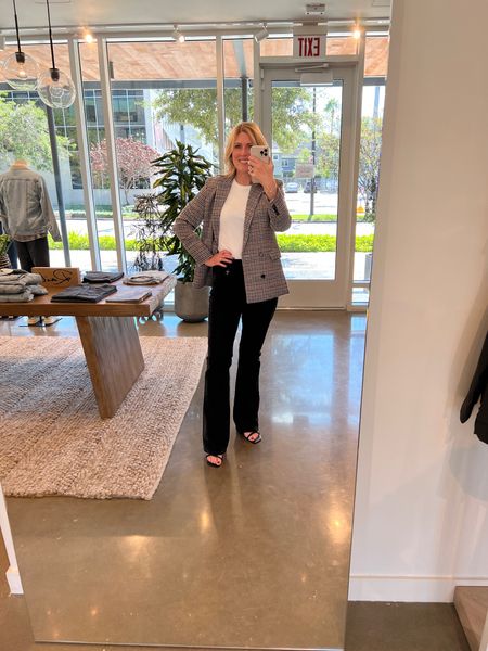 The blazer in this multi color is amazing! Dress it up or more casually! Roomy fit. Runs tts. Ribbed tank. Fitted style. Bootcut black denim. Runs tts. Love. 

#LTKover40 #LTKstyletip #LTKworkwear