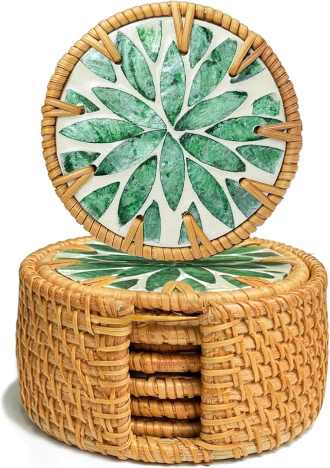 Set of 6PCS Boho Coaster Set with Holder Rattan & Mother of Pearl Drink Coasters for Coffee Table... | Amazon (US)