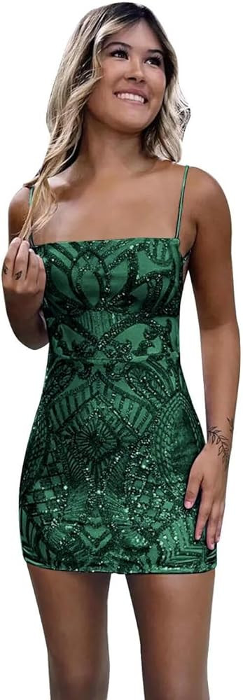 Wchecalino Sequin Homecoming Dresses Sparkly 2025 Tight Square Neck Short Formal Cocktail Party M... | Amazon (US)