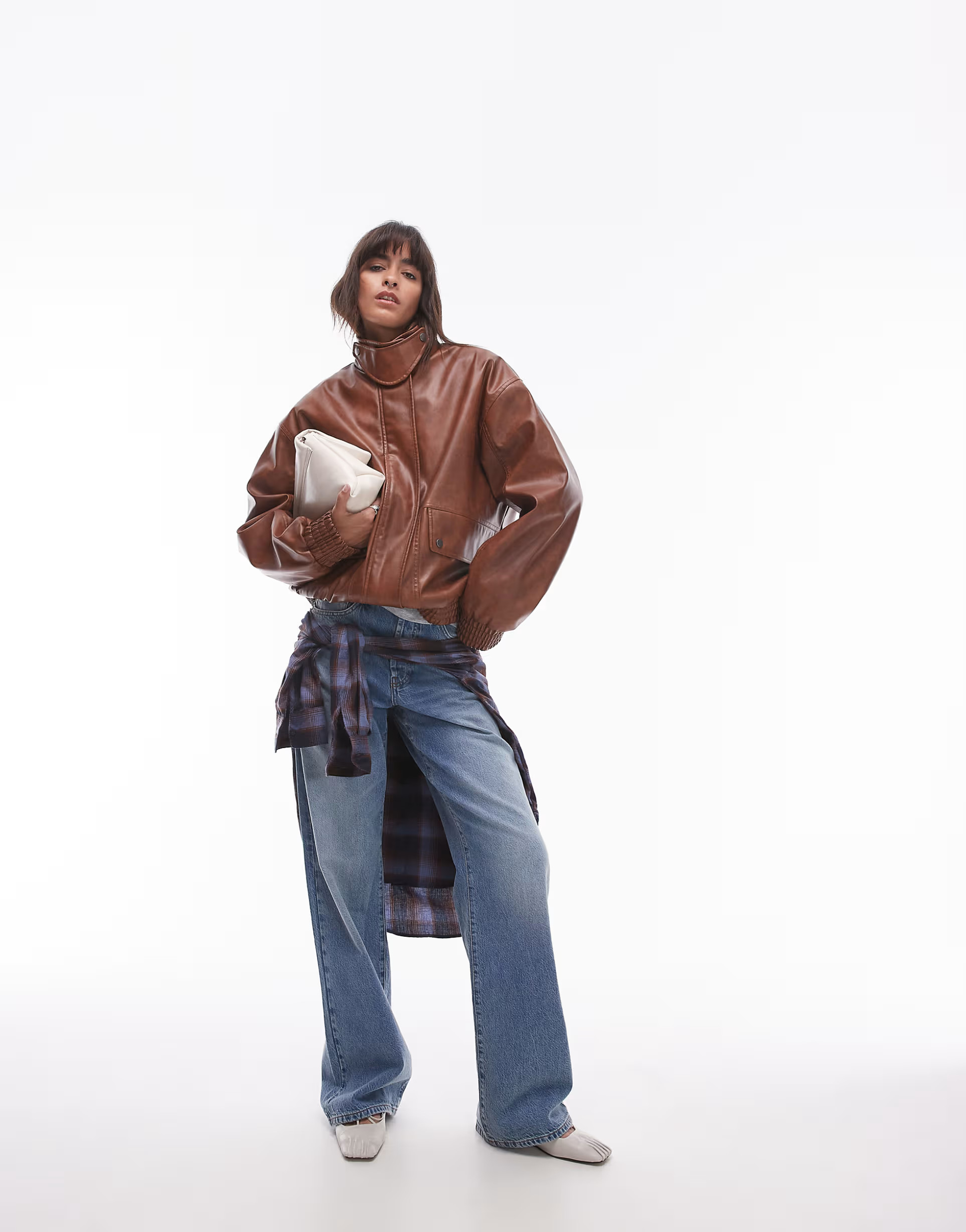 Topshop faux leather oversized bomber jacket in tan | ASOS | ASOS (Global)