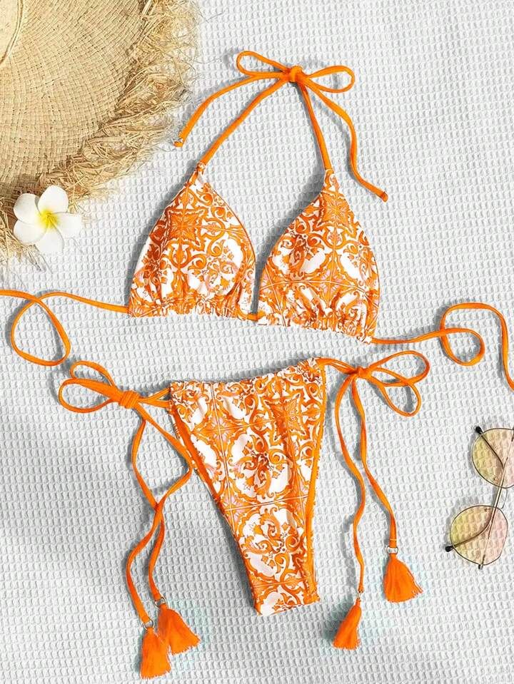 SHEIN Swim Vcay Floral Print Tassel Decor Halter Triangle Bikini Swimsuit | SHEIN