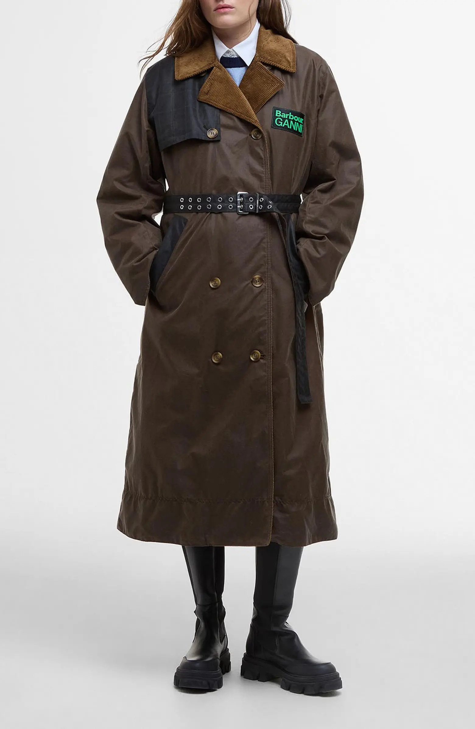 x Ganni Waxed Colorblock Trench Coat | Nordstrom