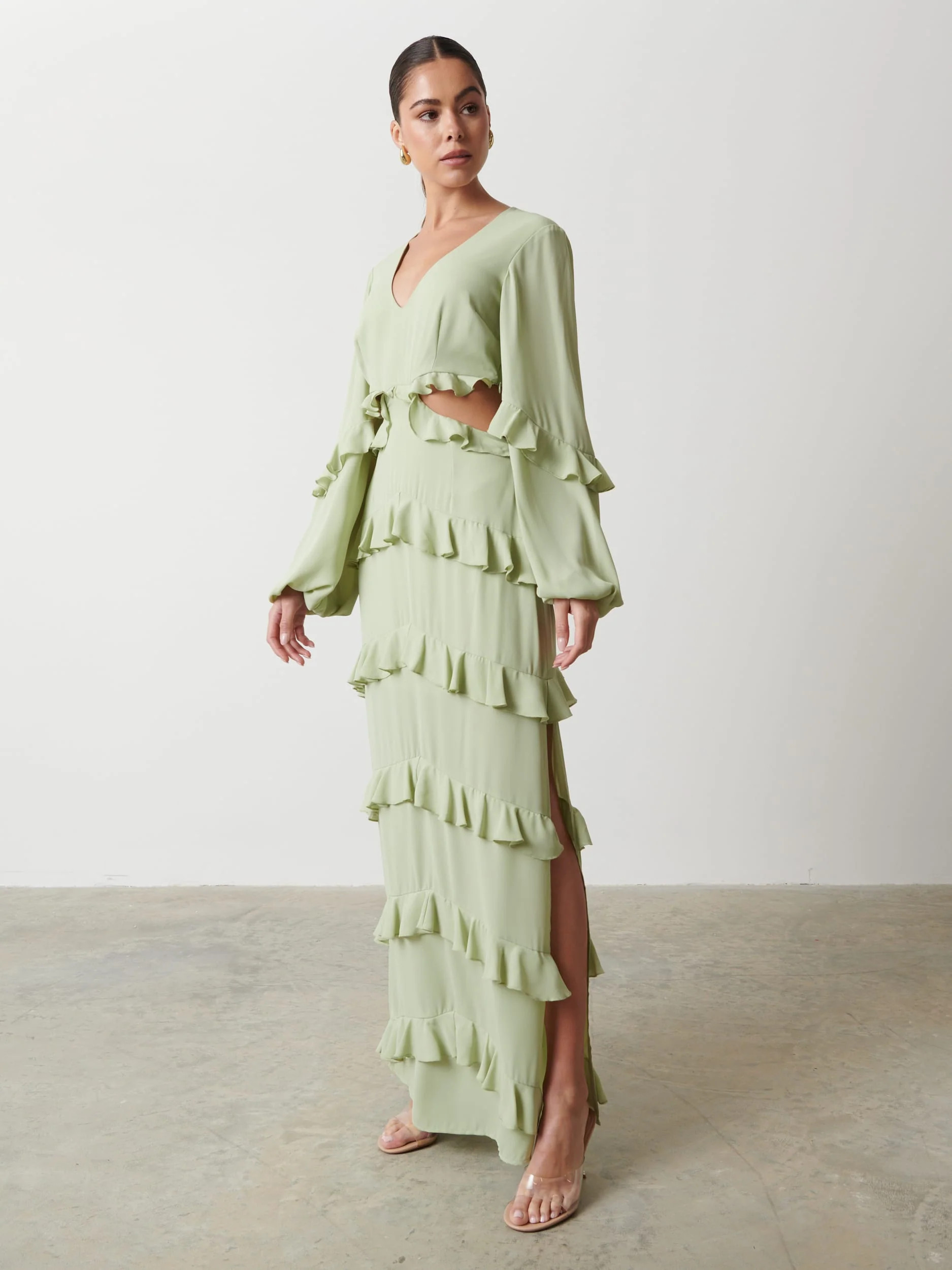 Evie Ruffle Maxi Dress - Sage | Pretty Lavish (UK)