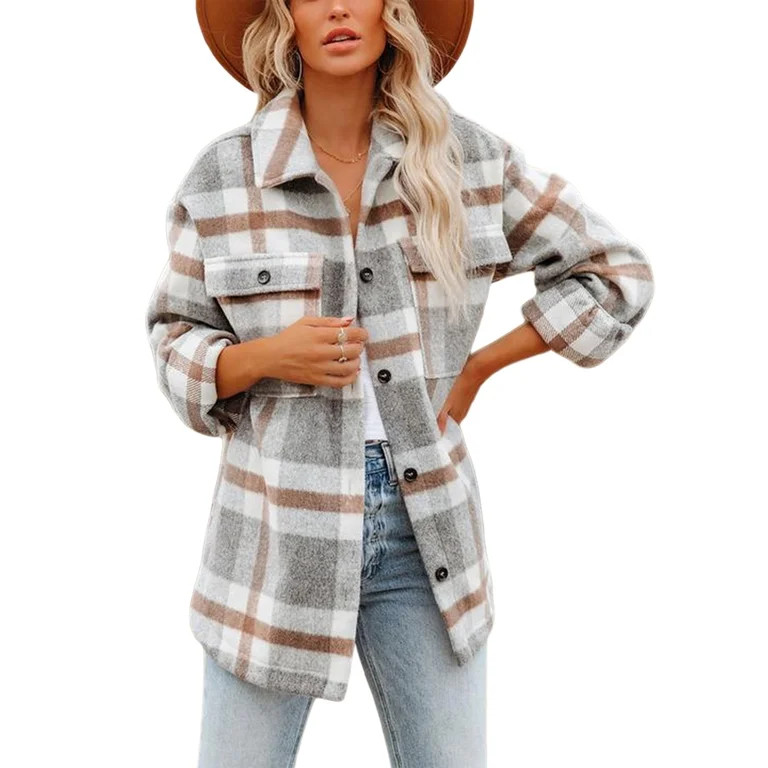 Womens Flannel Plaid Shirt Jacket Button Down Long Sleeve Shacket Coat Fall Warm Outwear Clothes ... | Walmart (US)