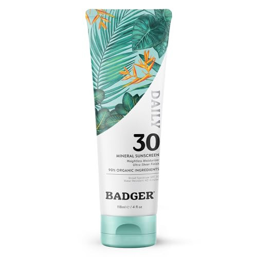 Badger Mineral Daily Sunscreen with Zinc Oxide, SPF 30, Lightweight & Easy to Apply w/No White Cast, Moisturizing Organic Sunscreen, Reef Safe, Vegan, Unscented, 4 fl oz | Amazon (US)