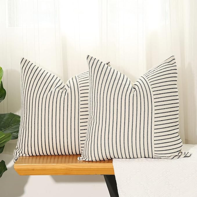 Hckot Black and Beige Patchwork Farmhouse Throw Pillow Covers 20 x 20 Inch, Pack of 2 Striped L... | Amazon (US)