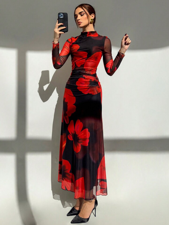 Aloruh Nuevo vestido ajustado de manga larga con estampado de malla floral efecto tie-dye rojo pa... | SHEIN