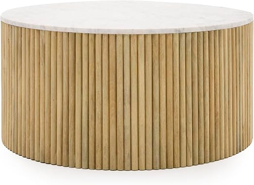 Limari Home Rufus Collection Modern Living Room Marble Top Round Coffee Table, White, Mango Wood | Amazon (US)