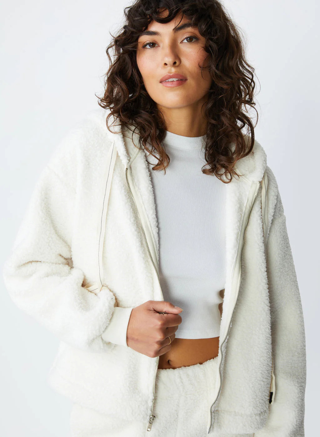 Double Face Sherpa Hooded Zip Jacket in Cream | AVO