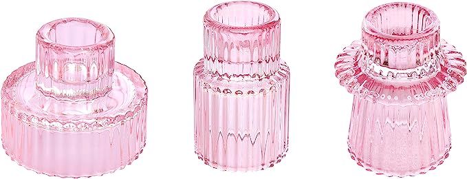 Vixdonos Pink Candlestick Holders Set of 3 Glass Candle Holders for Taper Candles,Pillar Candles ... | Amazon (US)