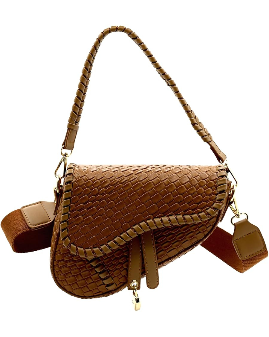 fashion women saddle shoulder bag clutch purse small crossbody satchel handbag woven imitation cr... | Amazon (US)